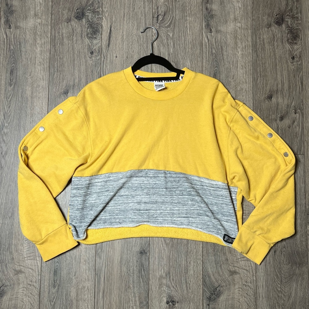 Yellow and grey PINK cropped pullover sweatshirt